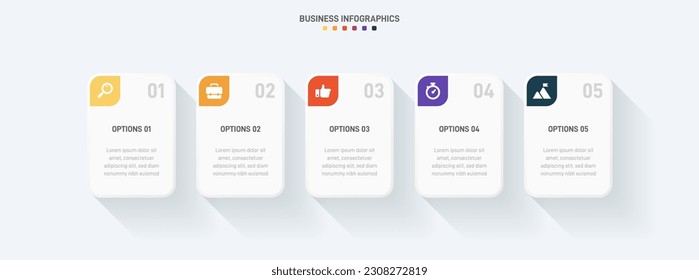 Timeline infographic with infochart. Modern presentation template with 5 spets for business process. Website template on white background for concept modern design. Horizontal layout.