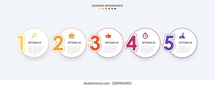 Timeline infographic with infochart. Modern presentation template with 5 spets for business process. Website template on white background for concept modern design. Horizontal layout.