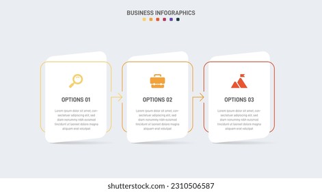 Timeline infographic with infochart. Modern presentation template with 3 spets for business process. Website template on white background for concept modern design. Horizontal layout.
