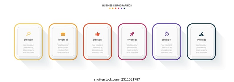 Timeline infographic with infochart. Modern presentation template with 6 spets for business process. Website template on white background for concept modern design. Horizontal layout.