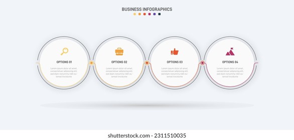 Timeline infographic with infochart. Modern presentation template with 4 spets for business process. Website template on white background for concept modern design. Horizontal layout.