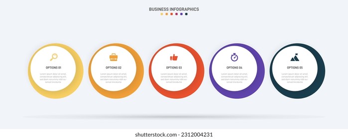 Timeline infographic with infochart. Modern presentation template with 5 spets for business process. Website template on white background for concept modern design. Horizontal layout.