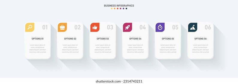 Timeline infographic with infochart. Modern presentation template with 6 spets for business process. Website template on white background for concept modern design. Horizontal layout.