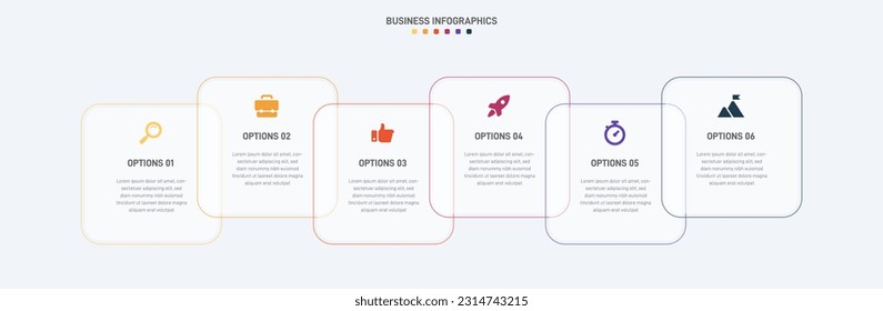 Timeline infographic with infochart. Modern presentation template with 6 spets for business process. Website template on white background for concept modern design. Horizontal layout.
