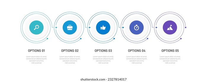 Timeline infographic with infochart. Modern presentation template with 5 spets for business process. Website template on white background for concept modern design. Horizontal layout.
