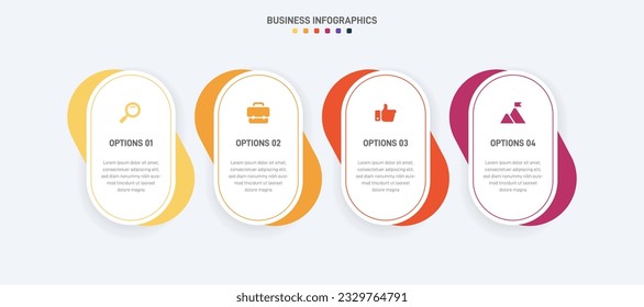 Timeline infographic with infochart. Modern presentation template with 4 spets for business process. Website template on white background for concept modern design. Horizontal layout.