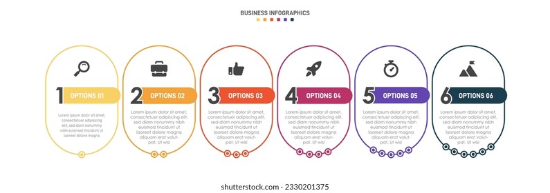 Timeline infographic with infochart. Modern presentation template with 6 spets for business process. Website template on white background for concept modern design. Horizontal layout.