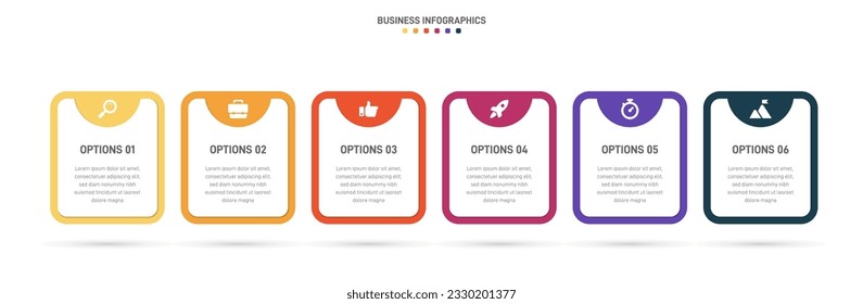 Timeline infographic with infochart. Modern presentation template with 6 spets for business process. Website template on white background for concept modern design. Horizontal layout.