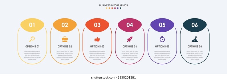 Timeline infographic with infochart. Modern presentation template with 6 spets for business process. Website template on white background for concept modern design. Horizontal layout.