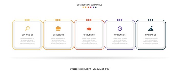 Timeline infographic with infochart. Modern presentation template with 5 spets for business process. Website template on white background for concept modern design. Horizontal layout.