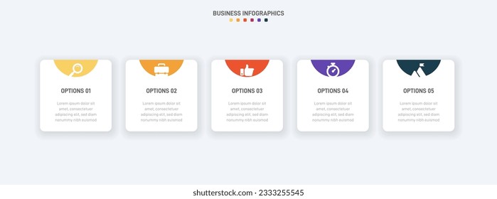 Timeline infographic with infochart. Modern presentation template with 5 spets for business process. Website template on white background for concept modern design. Horizontal layout.