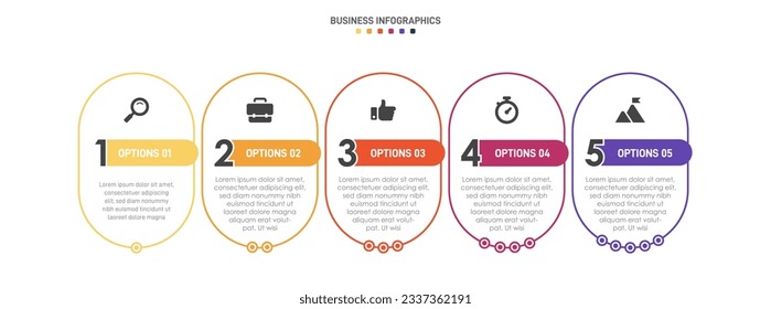 Timeline infographic with infochart. Modern presentation template with 5 spets for business process. Website template on white background for concept modern design. Horizontal layout.