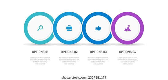 Timeline infographic with infochart. Modern presentation template with 4 spets for business process. Website template on white background for concept modern design. Horizontal layout.