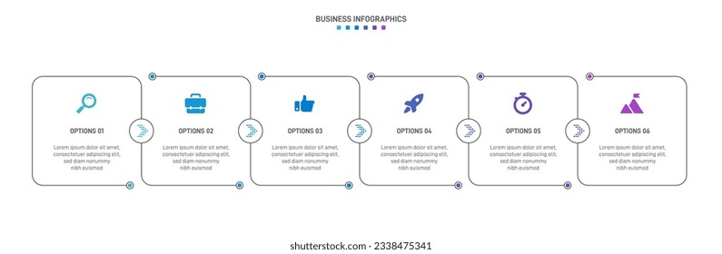 Timeline infographic with infochart. Modern presentation template with 6 spets for business process. Website template on white background for concept modern design. Horizontal layout.