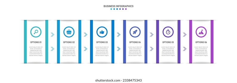 Timeline infographic with infochart. Modern presentation template with 6 spets for business process. Website template on white background for concept modern design. Horizontal layout.