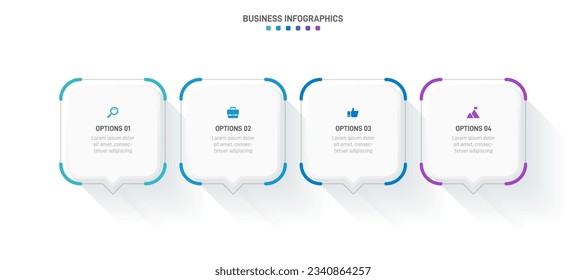 Timeline infographic with infochart. Modern presentation template with 4 spets for business process. Website template on white background for concept modern design. Horizontal layout.