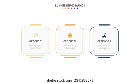 Timeline infographic with infochart. Modern presentation template with 3 spets for business process. Website template on white background for concept modern design. Horizontal layout.