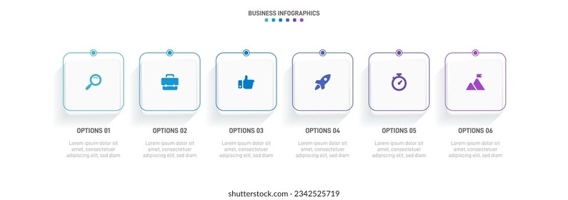 Infografik der Zeitachse mit Infochart. Moderne Präsentationsvorlage mit 6 Beispielen für Geschäftsprozesse. Website-Vorlage auf weißem Hintergrund für konzeptionelles modernes Design. Horizontales Layout.