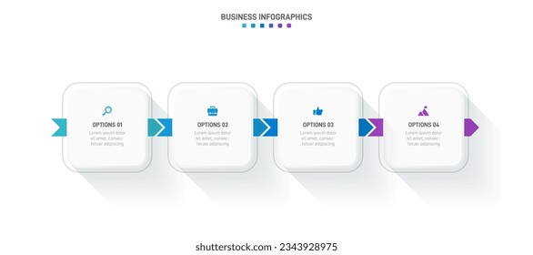 Timeline infographic with infochart. Modern presentation template with 4 spets for business process. Website template on white background for concept modern design. Horizontal layout.