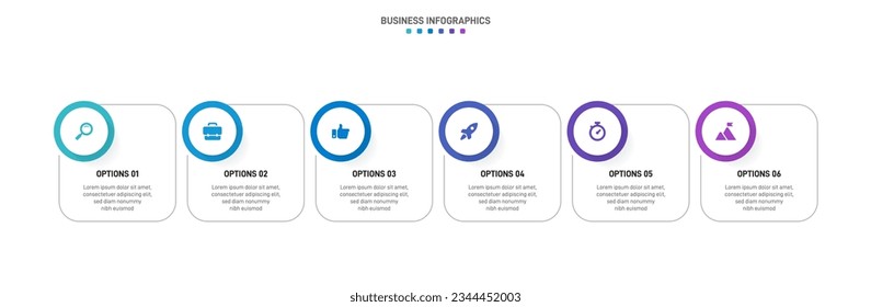 Timeline infographic with infochart. Modern presentation template with 6 spets for business process. Website template on white background for concept modern design. Horizontal layout.