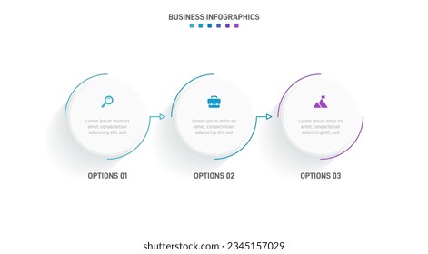 Timeline infographic with infochart. Modern presentation template with 3 spets for business process. Website template on white background for concept modern design. Horizontal layout.