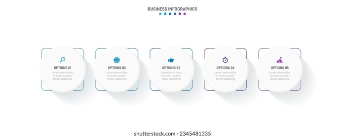 Timeline infographic with infochart. Modern presentation template with 5 spets for business process. Website template on white background for concept modern design. Horizontal layout.