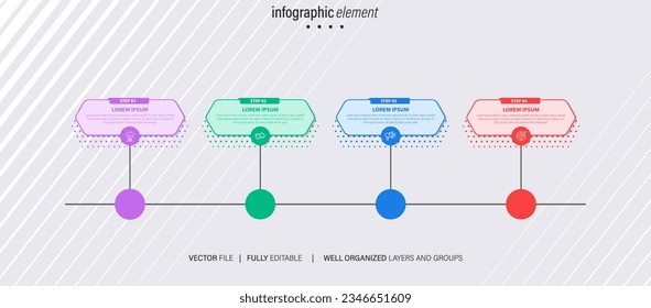 Timeline infographic with infochart. Modern presentation template with 4 steps for business process. Website template on white background for concept modern design. Horizontal layout.