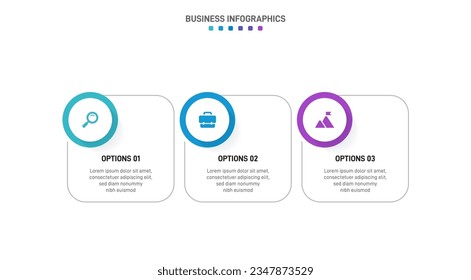 Timeline infographic with infochart. Modern presentation template with 3 spets for business process. Website template on white background for concept modern design. Horizontal layout.