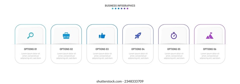 Timeline infographic with infochart. Modern presentation template with 6 spets for business process. Website template on white background for concept modern design. Horizontal layout.