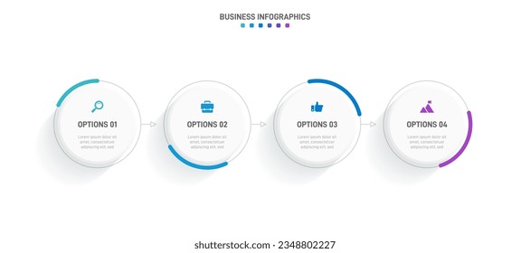 Timeline infographic with infochart. Modern presentation template with 4 spets for business process. Website template on white background for concept modern design. Horizontal layout.