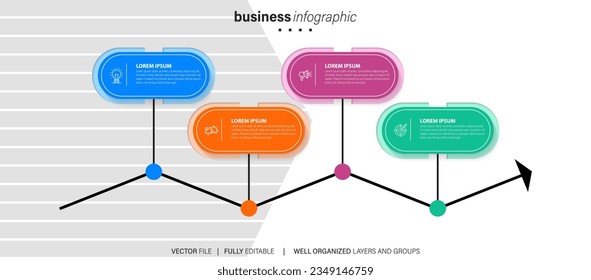 Timeline infographic with infochart. Modern presentation template with 4 steps for business process. Website template on white background for concept modern design. Horizontal layout.
