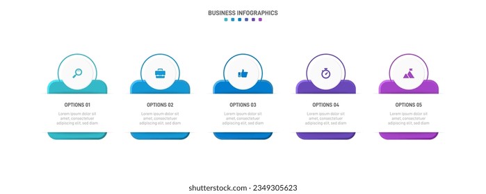 Timeline infographic with infochart. Modern presentation template with 5 spets for business process. Website template on white background for concept modern design. Horizontal layout.
