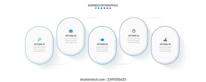 Timeline infographic with infochart. Modern presentation template with 5 spets for business process. Website template on white background for concept modern design. Horizontal layout.