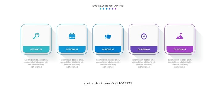 Timeline infographic with infochart. Modern presentation template with 5 spets for business process. Website template on white background for concept modern design. Horizontal layout.