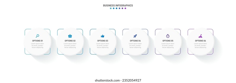 Infografik der Zeitachse mit Infochart. Moderne Präsentationsvorlage mit 6 Beispielen für Geschäftsprozesse. Website-Vorlage auf weißem Hintergrund für konzeptionelles modernes Design. Horizontales Layout.