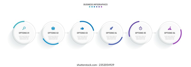 Infografik der Zeitachse mit Infochart. Moderne Präsentationsvorlage mit 6 Beispielen für Geschäftsprozesse. Website-Vorlage auf weißem Hintergrund für konzeptionelles modernes Design. Horizontales Layout.