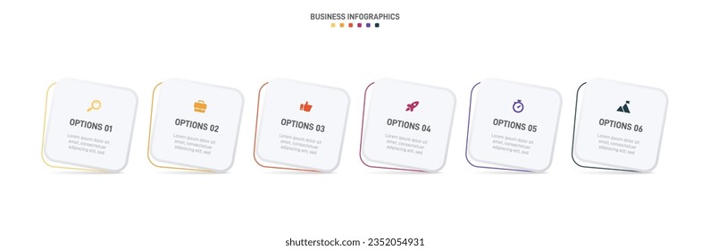 Timeline infographic with infochart. Modern presentation template with 6 spets for business process. Website template on white background for concept modern design. Horizontal layout.