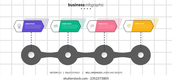 Timeline infographic with infochart. Modern presentation template with 6 spets for business process. Website template on white background for concept modern design. Horizontal layout.
