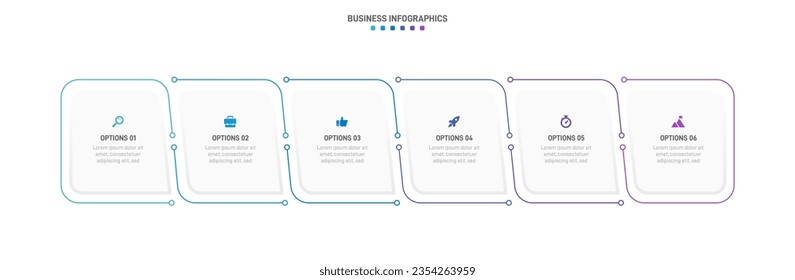 Infografía de la línea de tiempo con infografía. Moderna plantilla de presentación con 6 velocidades para procesos de negocios. Plantilla de sitio web sobre fondo blanco para el concepto de diseño moderno. Diseño horizontal.