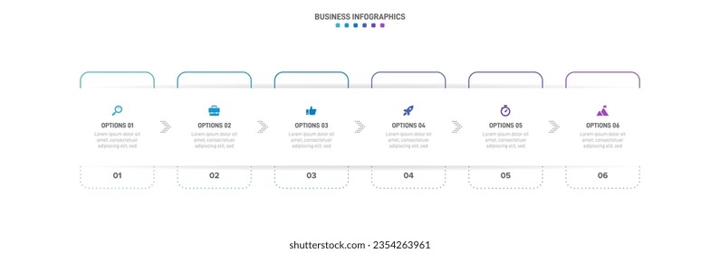 Timeline infographic with infochart. Modern presentation template with 6 spets for business process. Website template on white background for concept modern design. Horizontal layout.