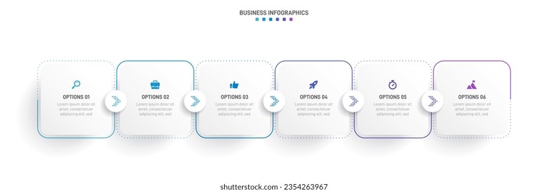 Infografik der Zeitachse mit Infochart. Moderne Präsentationsvorlage mit 6 Beispielen für Geschäftsprozesse. Website-Vorlage auf weißem Hintergrund für konzeptionelles modernes Design. Horizontales Layout.