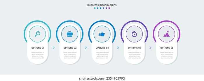 Timeline infographic with infochart. Modern presentation template with 5 spets for business process. Website template on white background for concept modern design. Horizontal layout.