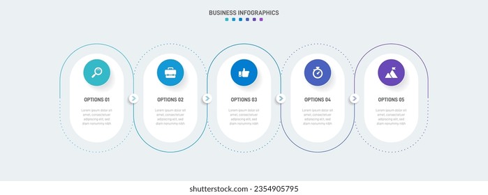 Infografik der Zeitachse mit Infochart. Moderne Präsentationsvorlage mit 5 Beispielen für Geschäftsprozesse. Website-Vorlage auf weißem Hintergrund für konzeptionelles modernes Design. Horizontales Layout.