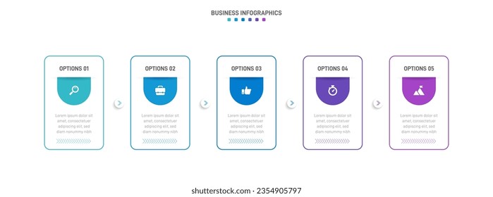 Timeline infographic with infochart. Modern presentation template with 5 spets for business process. Website template on white background for concept modern design. Horizontal layout.