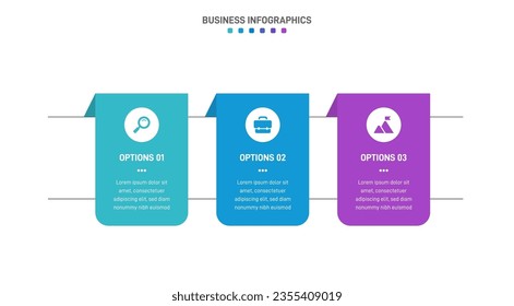 Timeline infographic with infochart. Modern presentation template with 3 spets for business process. Website template on white background for concept modern design. Horizontal layout.