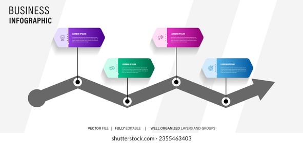 Timeline infographic with infochart. Modern presentation template with 4 steps for business process. Website template on white background for concept modern design. Horizontal layout.
