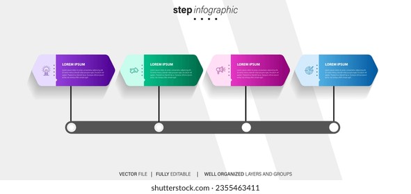 Timeline infographic with infochart. Modern presentation template with 4 steps for business process. Website template on white background for concept modern design. Horizontal layout.
