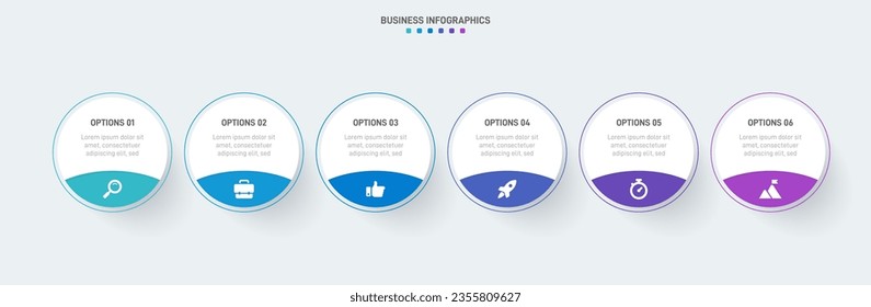 Timeline infographic with infochart. Modern presentation template with 6 spets for business process. Website template on white background for concept modern design. Horizontal layout.
