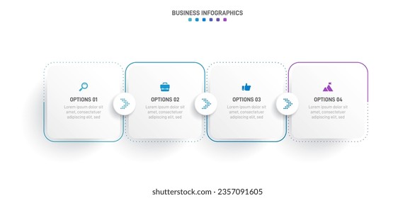 Timeline infographic with infochart. Modern presentation template with 4 spets for business process. Website template on white background for concept modern design. Horizontal layout.