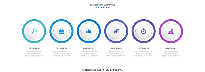 Timeline infographic with infochart. Modern presentation template with 6 spets for business process. Website template on white background for concept modern design. Horizontal layout.